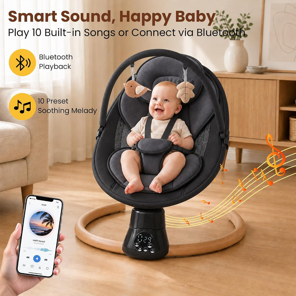 Black Smart Electric Baby Swing for Infants with 10 Preset Melodies