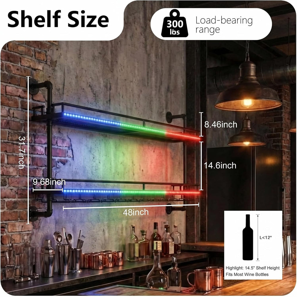 48 Inch Industrial Pipe Wine Rack Wall Mounted with LED Light | 2 Tier Floating Bar Shelves Wine Bottle Display Shelf