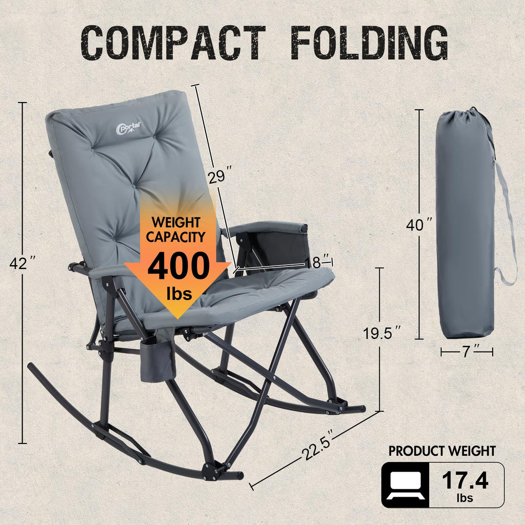 Oversized Padded Folding Rocking Camping Chair Outdoor 400 LBS Gray