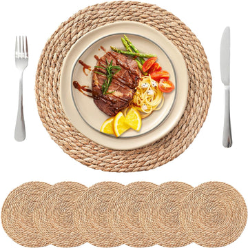 13.8'' Round Woven Placemats Set of 6, Boho Wicker Chargers, | Handmade from Natural Water Hyacinth, Heat-resistant &
