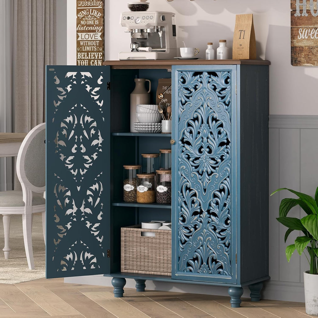 47" Tall Accent Cabinet with Doors & Storage ,Blue | Carved Solid Wood Legs, Decorative Cabinet for Dinning