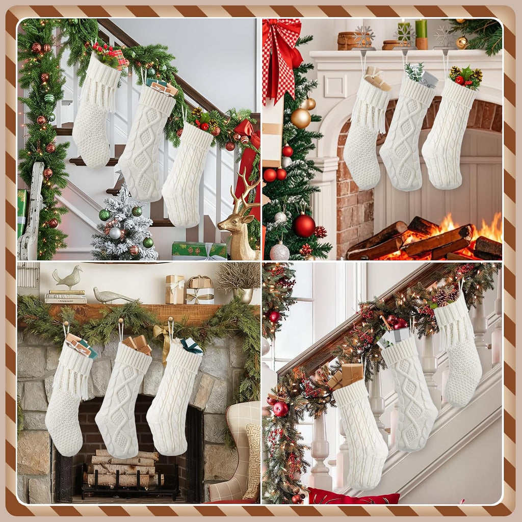 White Farmhouse Christmas Stockings - Rustic Boho Vintage Cable Knit Set, Includes 3 Small 15" and 2 Large 18" - Set of 5