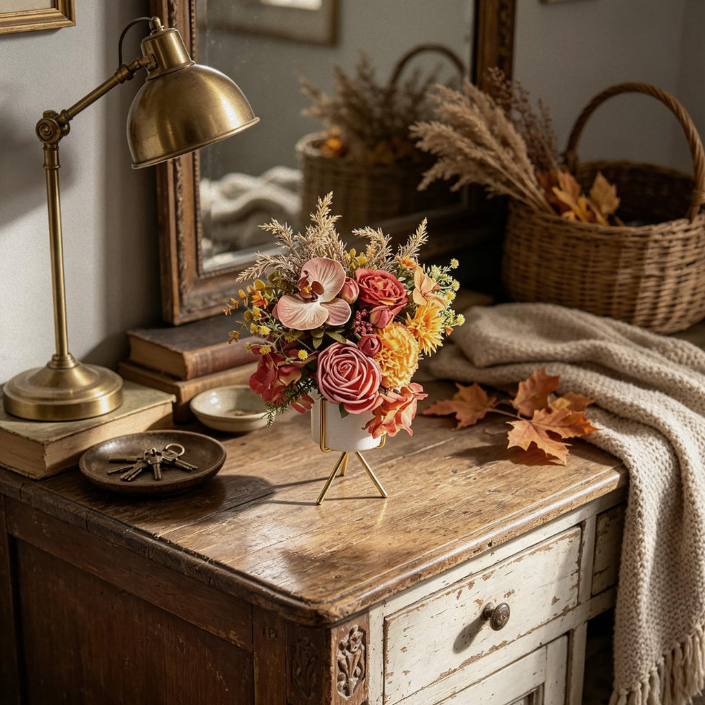 Artificial Flower Arrangement with Ceramic Vase and Gold Metal Stand, Orange and Terracotta Mixed Seasonal Flowers