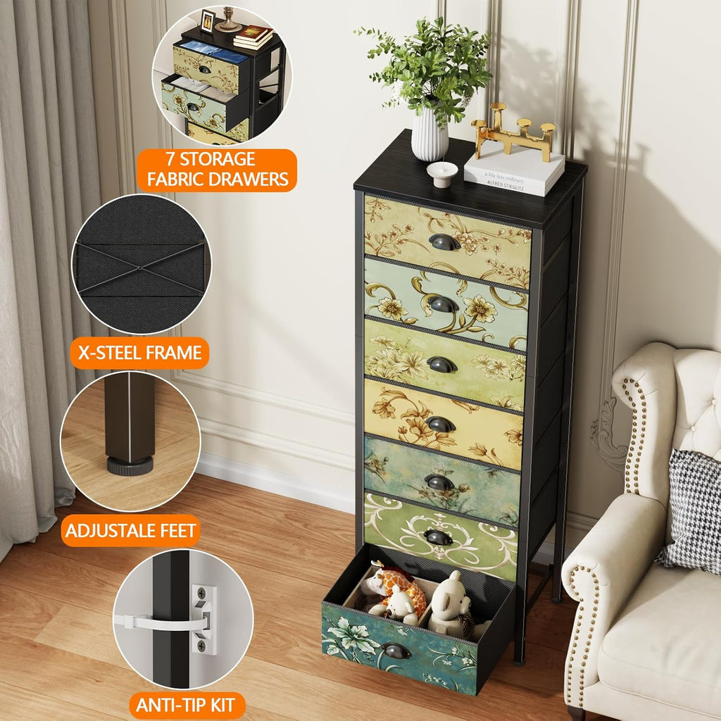 White Bedroom Dresser, Tall Dressers & Chests of Drawers with 7 Fabric Bins & Vintage Dressers & Chest of Drawers