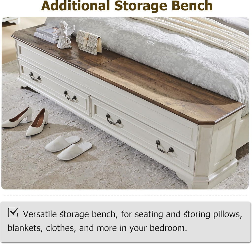 Farmhouse Queen Bed with Headboard and Storage Bench, Rustic Wood Platform Bed with 64" Storage Chest w/ 4 Large