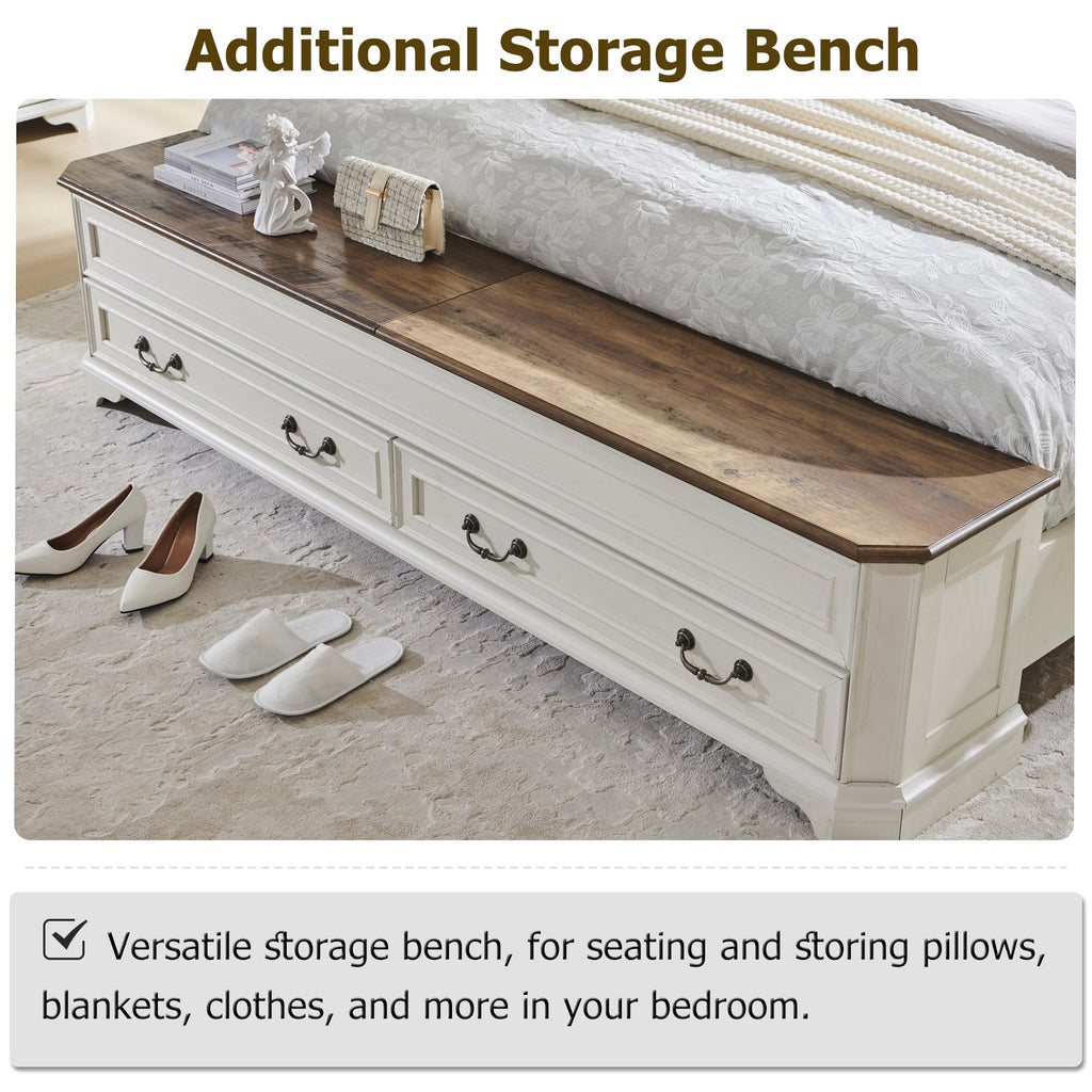 Farmhouse King Bed with Headboard and Storage Bench, Antique White