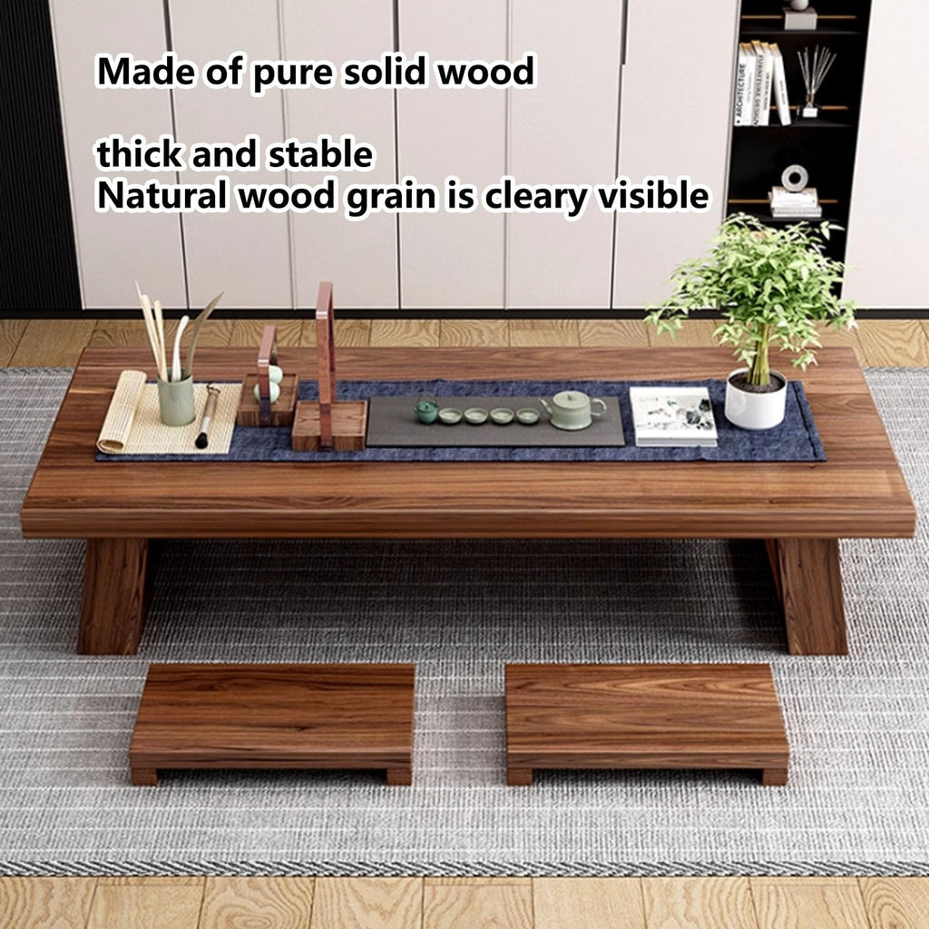 Japanese Floor Table, Low Japanese Dining Table for Floor Sitting with 4 Stools, Solid Wood Chabudai Tatami Coffee