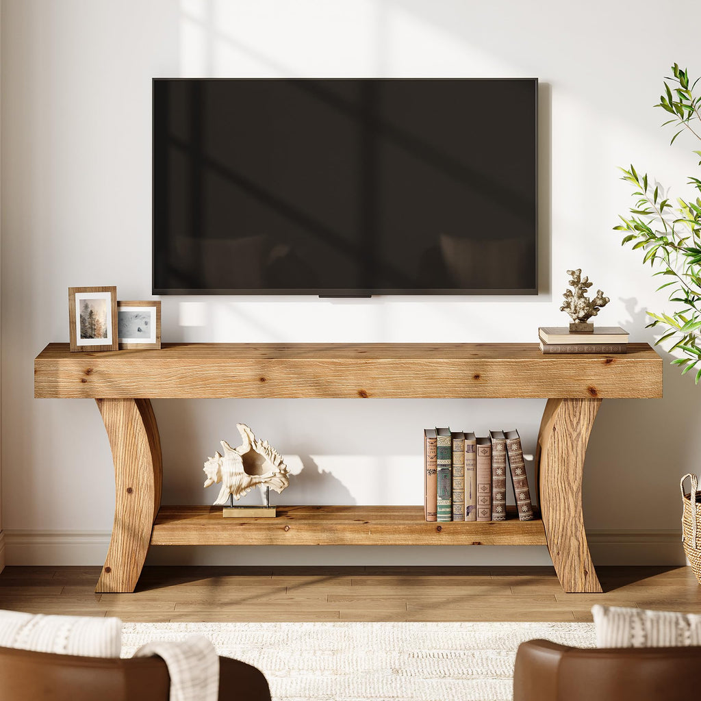63" Solid Wood TV Stand for 55/60/65/75" TVs, Farmhouse TV Console, Low Entertainment Center with Storage