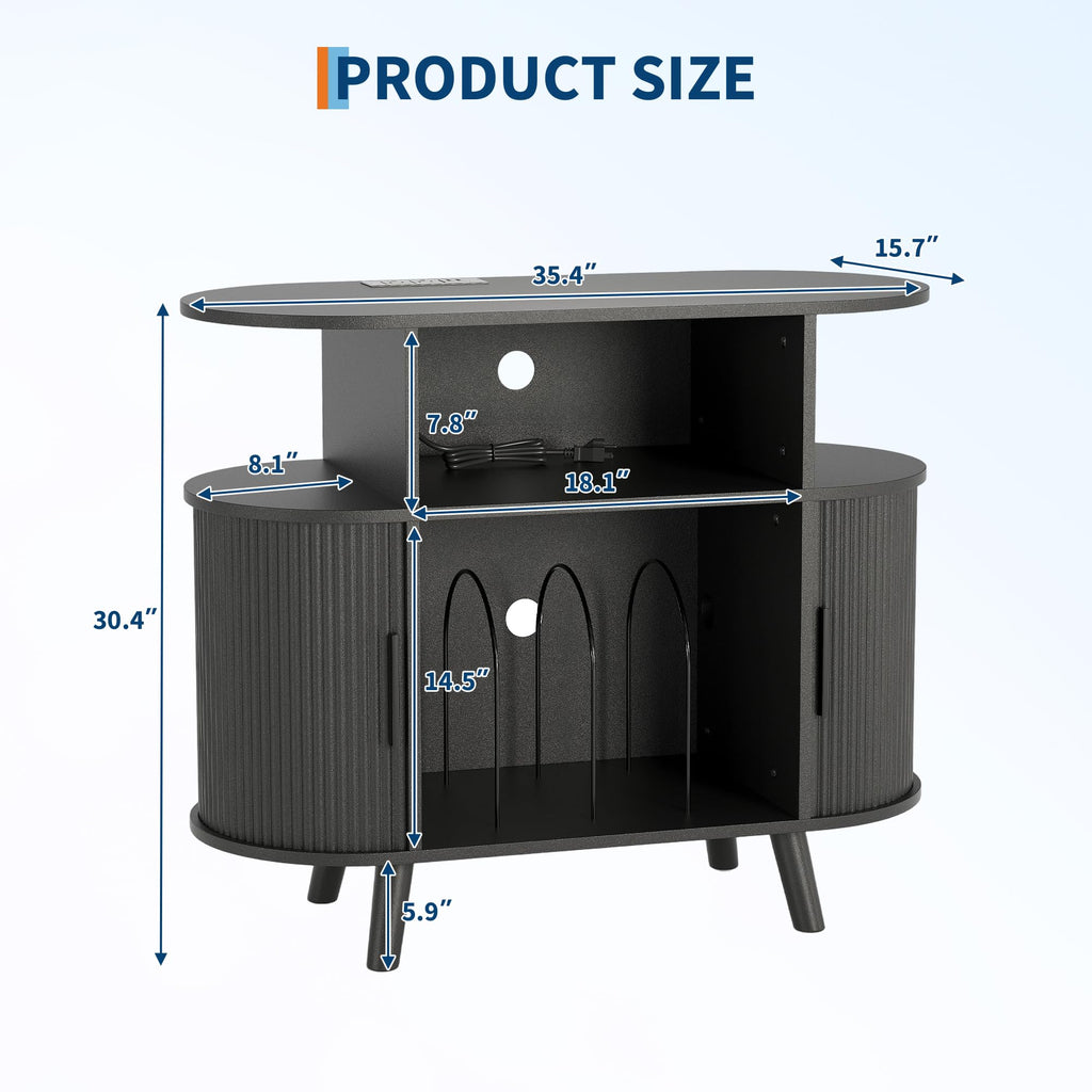 35'' Fluted Mid Century Modern Turntable Cabinet, Large Round Record Player Stand with Charging Station and Display