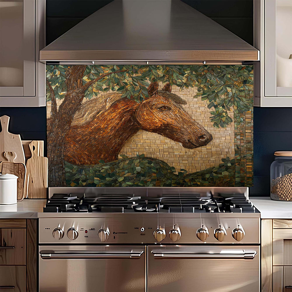 Tempered Glass Backsplash, Mosaic Look Horse Glass Backsplash, Kitchen Backsplash Behind Stove, Backsplash Wall, Easy