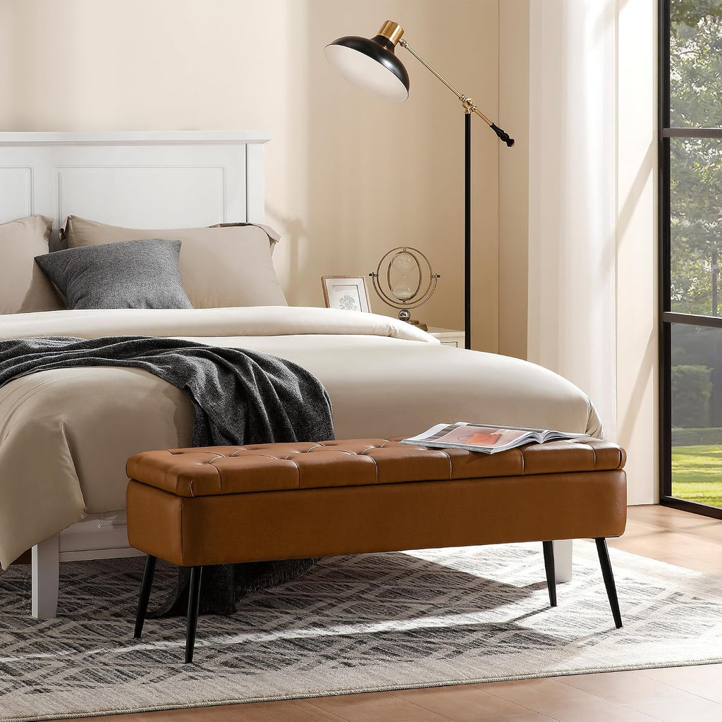 Leather Storage Ottoman Bench, End of Bed Bench with Steel Legs | Brown Leather Button Tufted Design | 660 lb