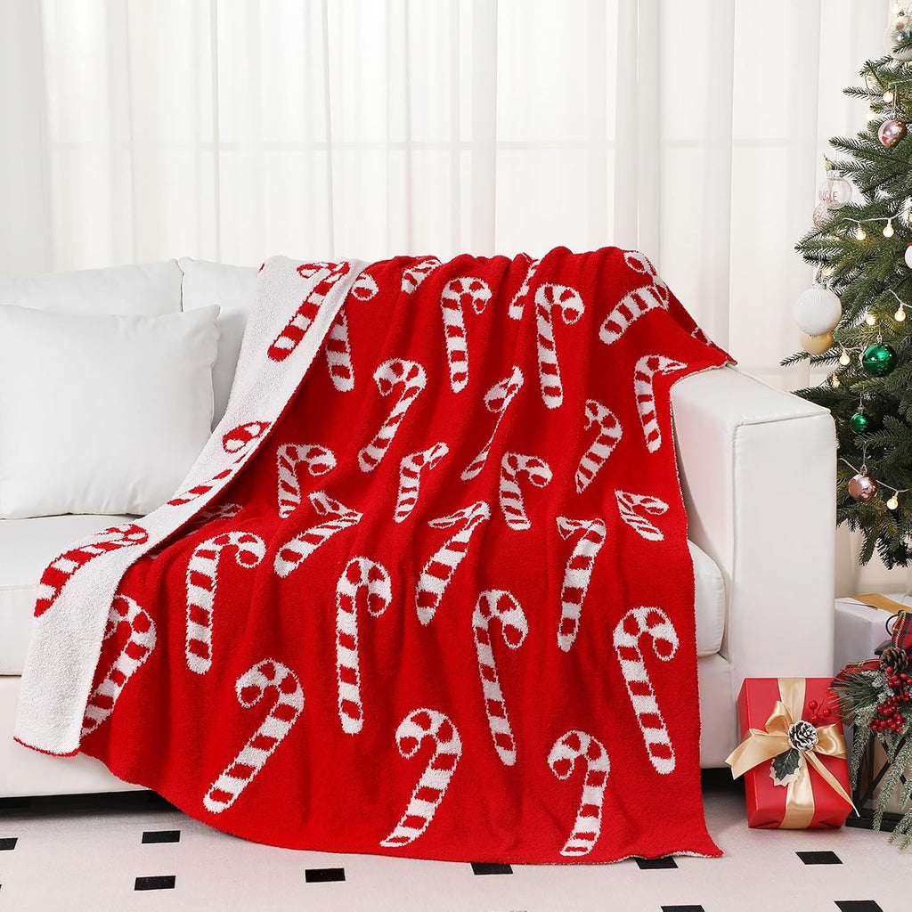 Christmas Candy Cane Knit Throw Blanket, 50 x 60 Inch Peppermint Red and White Xmas Reversible Knitted Throw Blanket