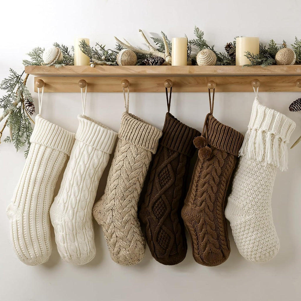 Farmhouse Knitted : 6 Pack 18 Inch Earth Tones Christmas Stockings, Rustic Cozy Hanging Xmas Stockings Decorations - Set of 6