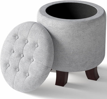 Round Storage Ottoman Bench, Light Gray, 16 Inches | Multi-Functional Ottoman Foot Rest, End of Bed Bench, Storage