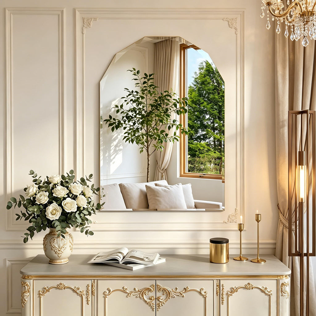 Beveled Arched Mirror, 20"x28" Arch Vanity Mirror with Diamond Cut Beveled Edge, 5mm Tempered Glass, Decorative