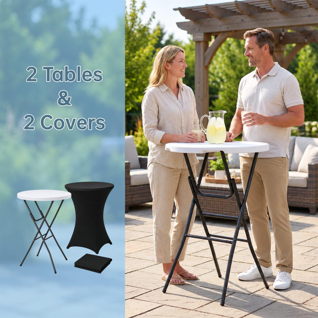 2-Pack 28 Inch Round Folding High Top Cocktail Tables with Dual Black Tablecloths, Portable Bar Height Bistro Set