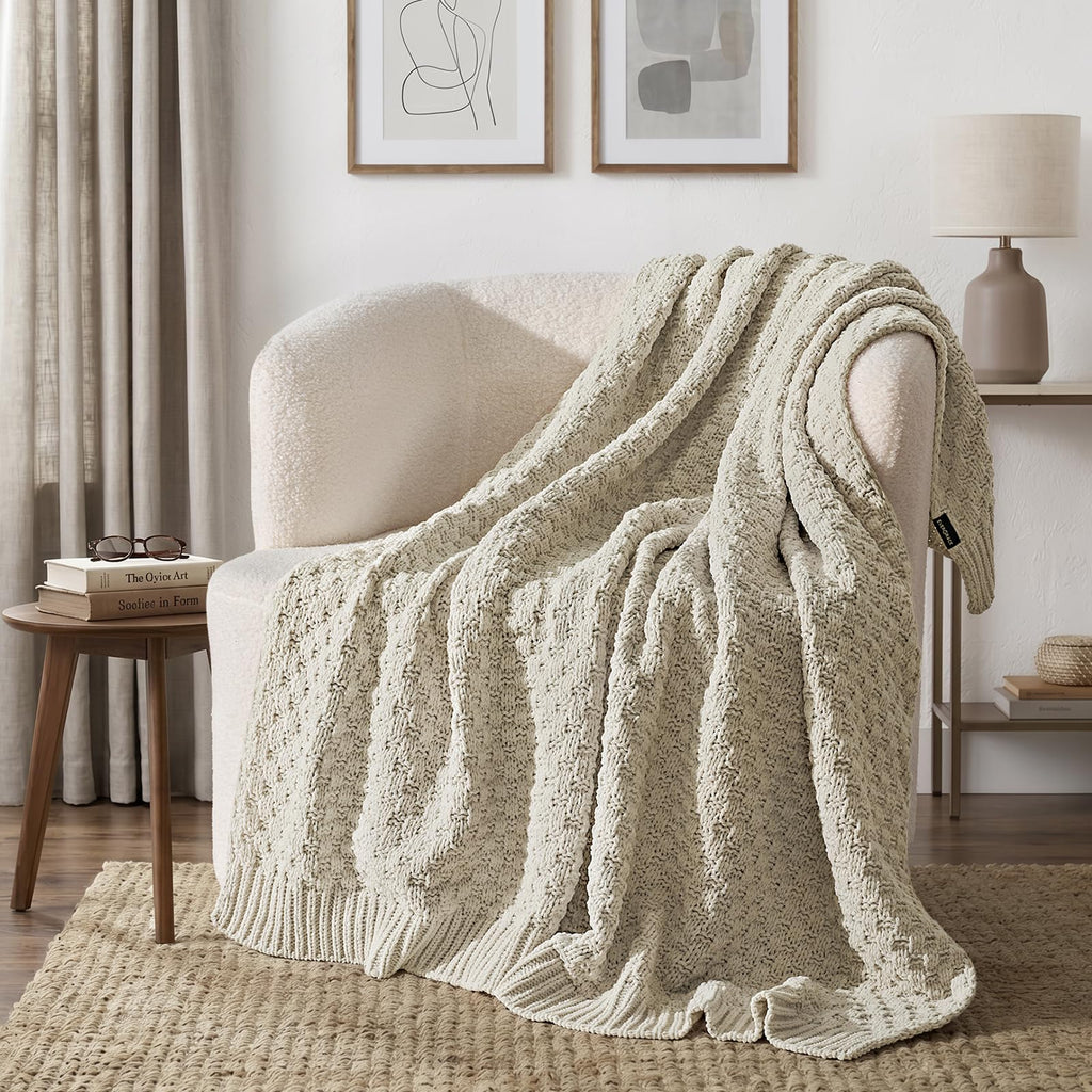 Chunky Chenille Knit Throw Blanket, Birch, 50" x 60"