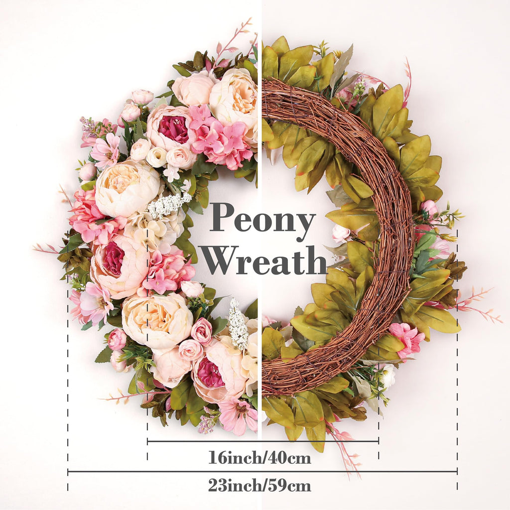 Peony Wreath 23'' Spring Wreaths for Front Door, Artificial Large Floral Wreath for Front Door Wall Decor