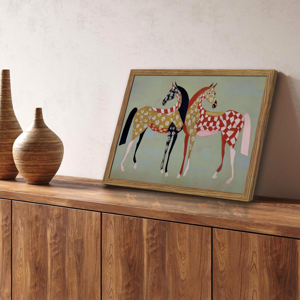 Framed Vintage Horse Canvas Wall Art, Abstract Two Patterned Horses Print, Geometric Equestrian Animal Artwork