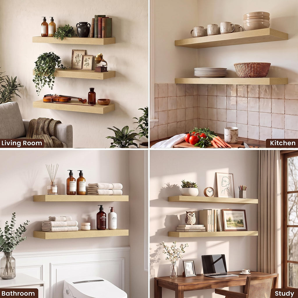 30Inch Floating Shelves 8" Deep Wall Mounted Set of 3 Oak