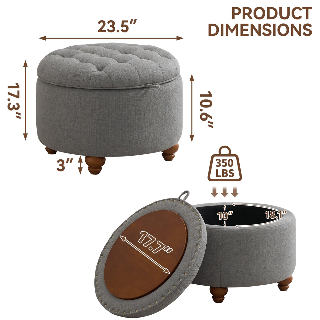 24Inch Round Storage Ottoman with Tray, Modern Tufted Fabric Circle Coffee Table with Storage, Upholstered Ottoman