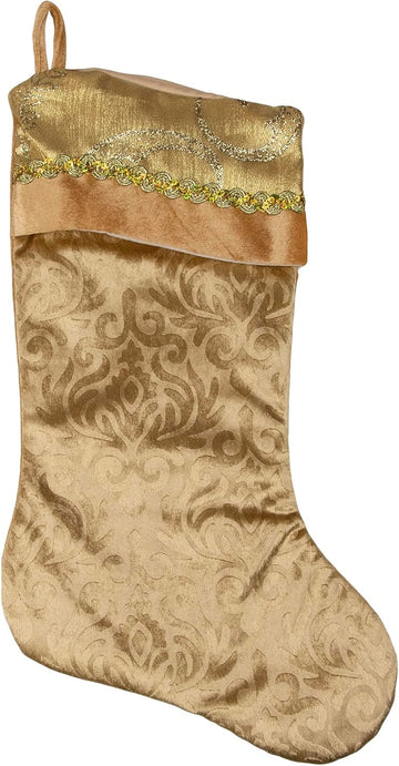20.5" Gold Etched Velvet Christmas Stocking Glitter Print Trim