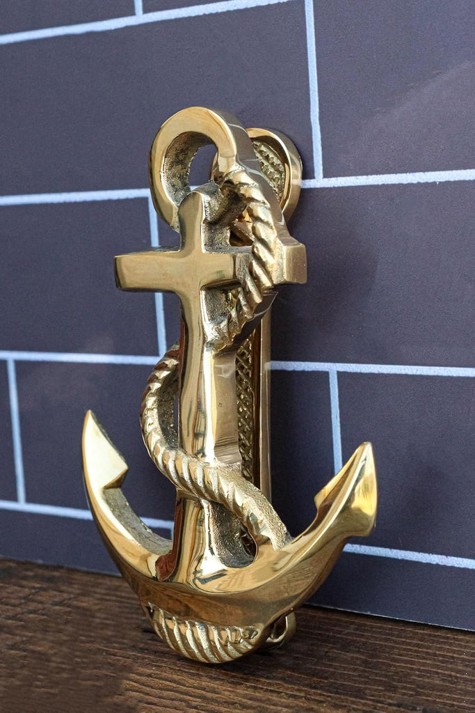 Brass Metal Golden Marine Nautical Sailor Ship Anchor Door Knocker Sculpture with Built in Striking Plate 5.5" H Navy