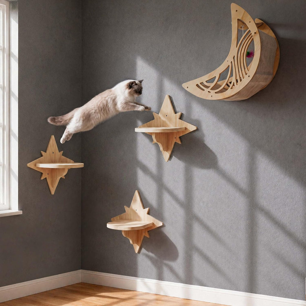 Moon & Star Cat Wall Shelves, Modern Cat Wall Furniture for Indoor Cats