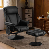 Modern Reclining Swivel Lounge Chair and Ottoman — Black Faux Leather