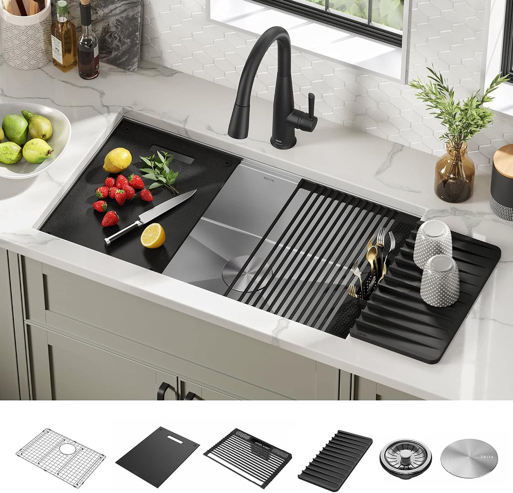 Rivet 32-Inch Workstation Kitchen Sink Undermount 16 Gauge Stainless Steel Single Bowl with WorkFlow Ledge and Chef's