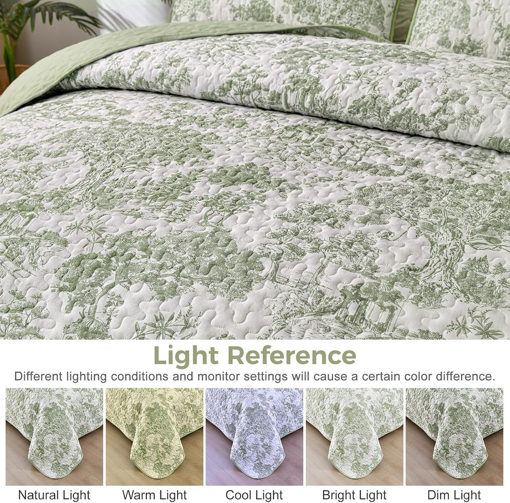 Botanical Quilt Set Queen, Sage Green 3 Pieces Floral Plants Printed Bedspread Bedding Set Soft Lightweight