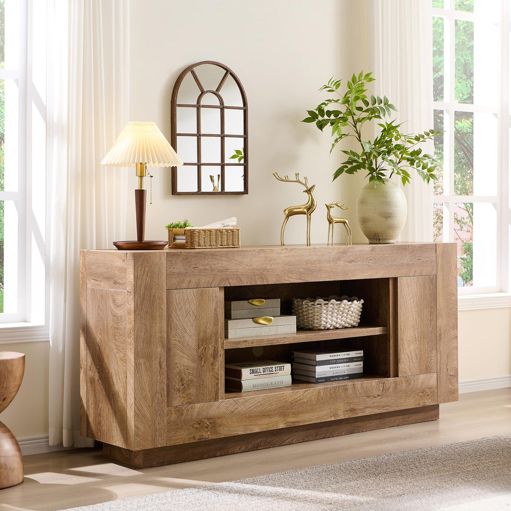 Modern 70" TV Stand for 80" TV, Thick Block Media Console, Light Oak