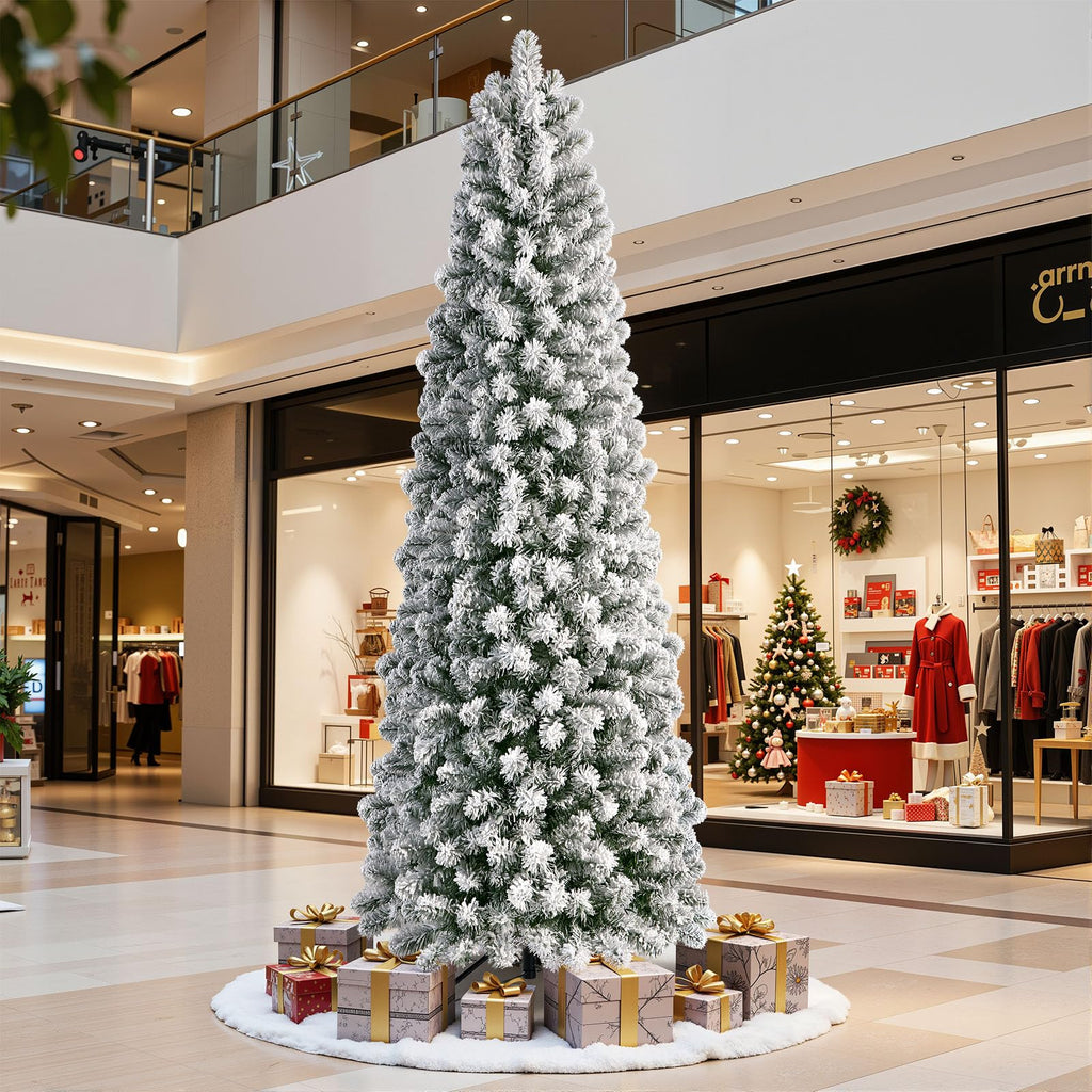 9ft Prelit Snow Flocked Artificial Slim Pencil Christmas Tree