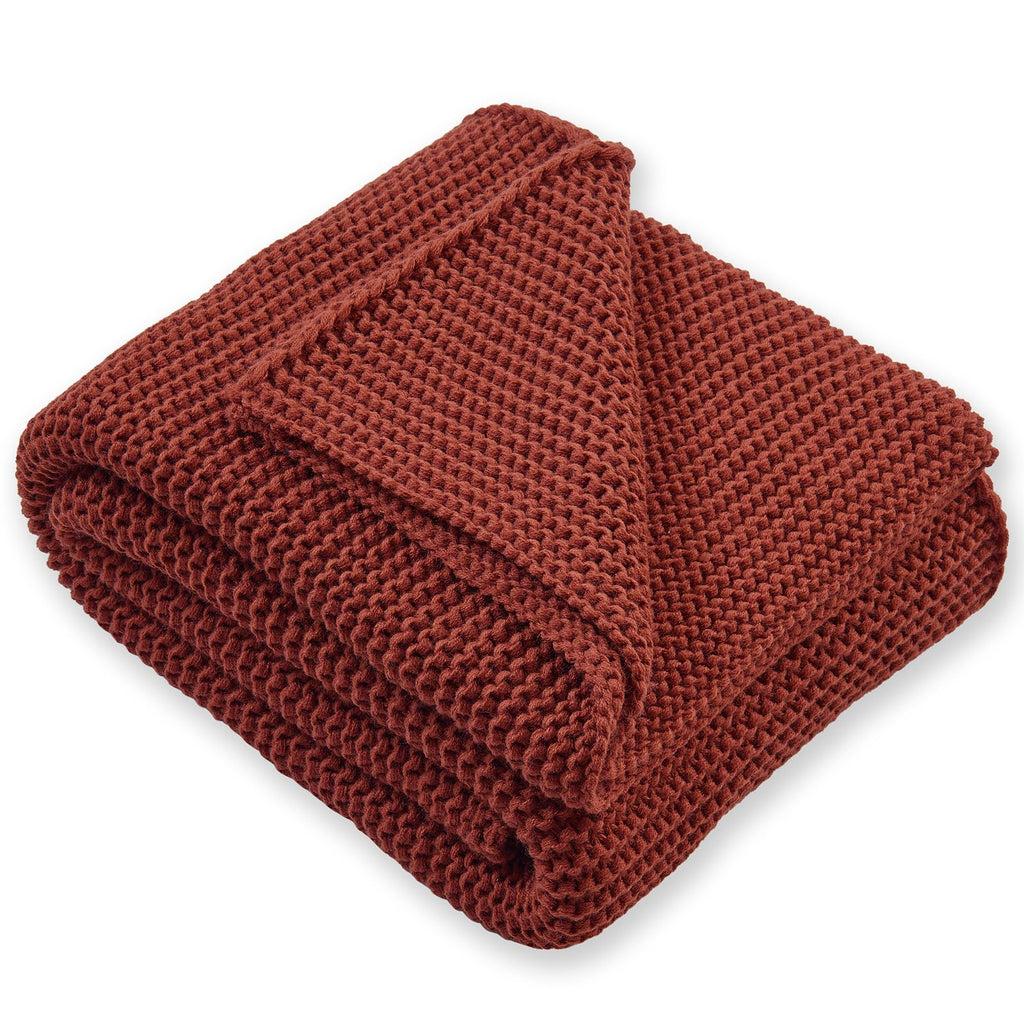 Rust Throw Blanket, Garter Knit, 60" x 80", Rustic Red Orange