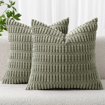 Corduroy Decorative Throw Pillow Covers 16x16 Light Olive Pack of 2