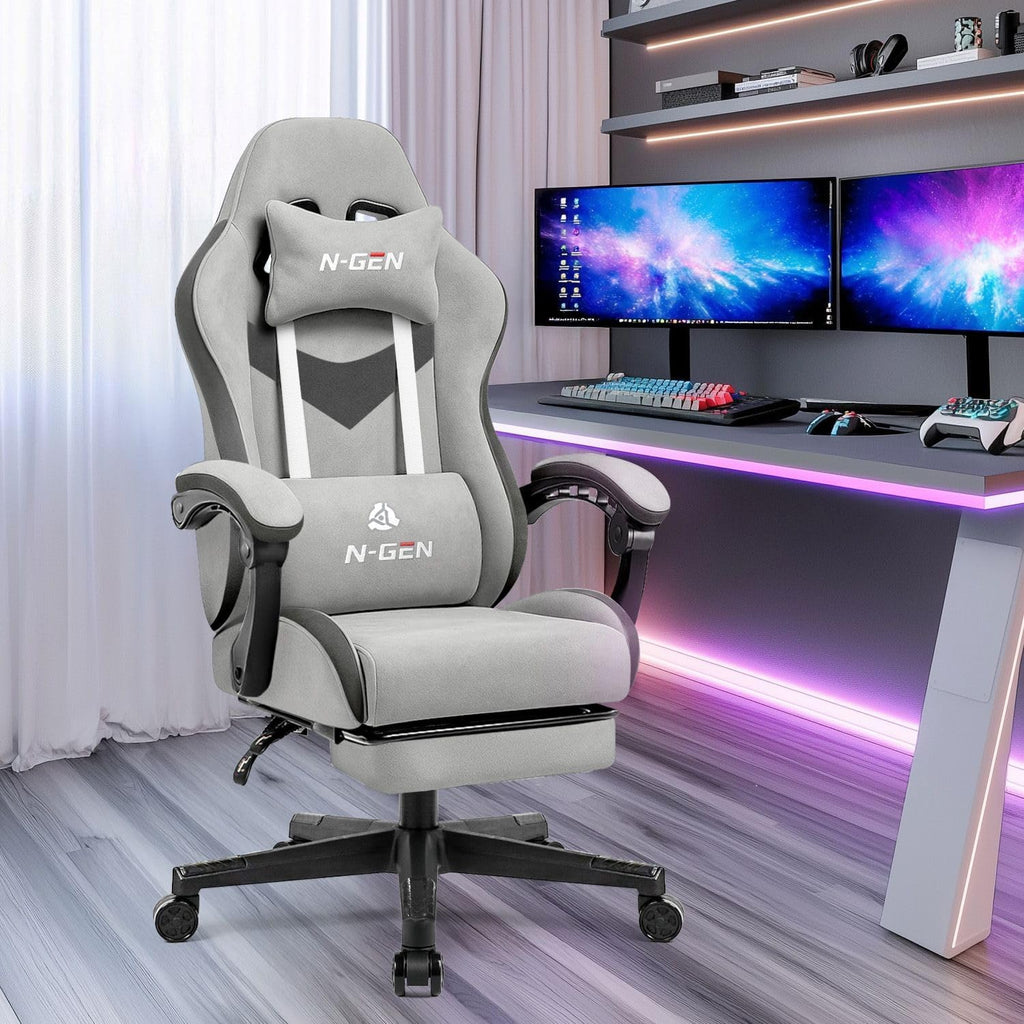 Gaming Chair, Reclining Backrest, Footrest, Fabric, Grey | Ergonomic Design with Reclining Backrest, Linkage Armrests