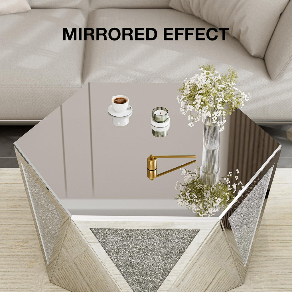Mirrored Coffee Table with Crushed Diamond, Luxury Hexagon Silver Coffee Table, Living Room Table for Art Deco Office