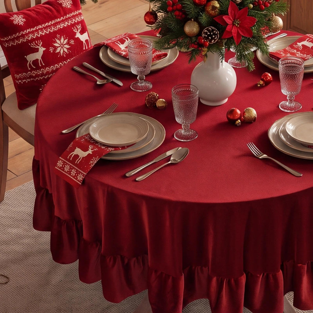 Ruffled Round Tablecloth, 70 Inch Christmas Red