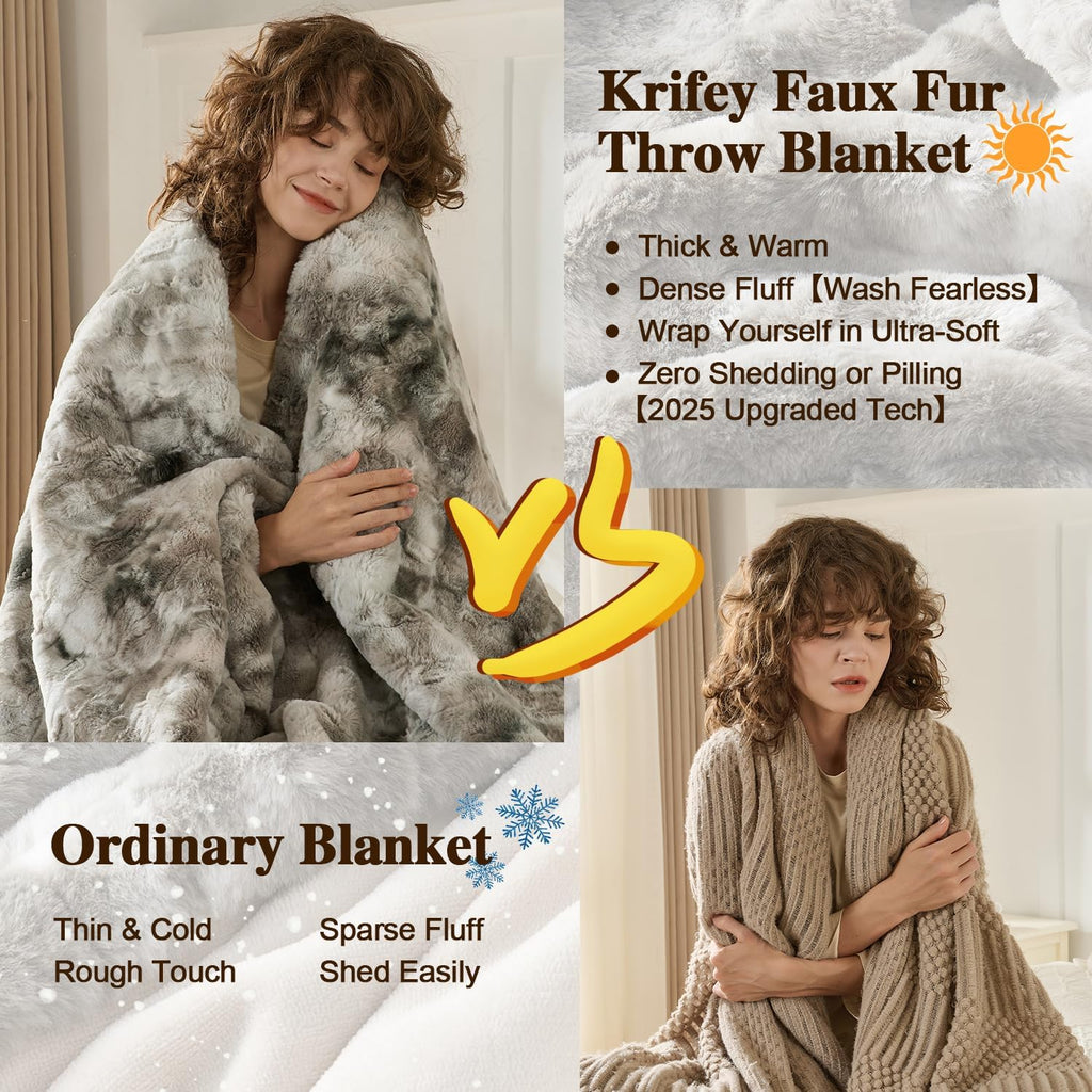 Grey Faux Fur Blanket King Size for Bed, 3D Marble Texture Soft Cozy Fuzzy Plush Thick Warm Blanket, Luxury Christmas