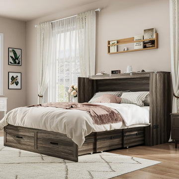 Full Size Farmhouse Murphy Bed with Drawer&Charging Station, Grey