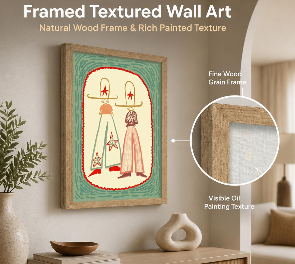 Framed Retro Cowgirl Wall Art, Vintage Western Sta Painting Canvas Prints, Whimsical Boho Cowboy Illustration