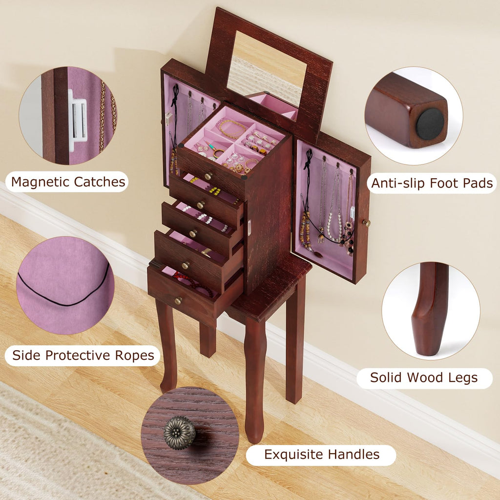 Standing Jewelry Armoire Cabinet with Top Flip Mirror, Jewelry Box Chest with 4 Drawers, Top Compartments, 8 Necklace