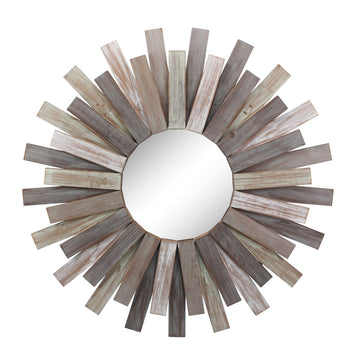 Large Round 32" Wooden Sunburst Wall Mirror with Attached Hanging Bracket, Decorative Rustic Decor for the Living