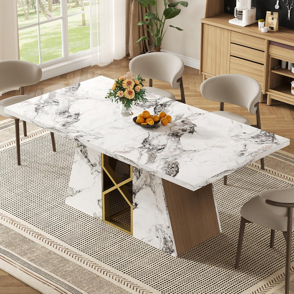 71 Inch Modern White Dining Table for 6-8 People, Large Faux Marble Kitchen and Dining Room Table, Rectanglar Dinner