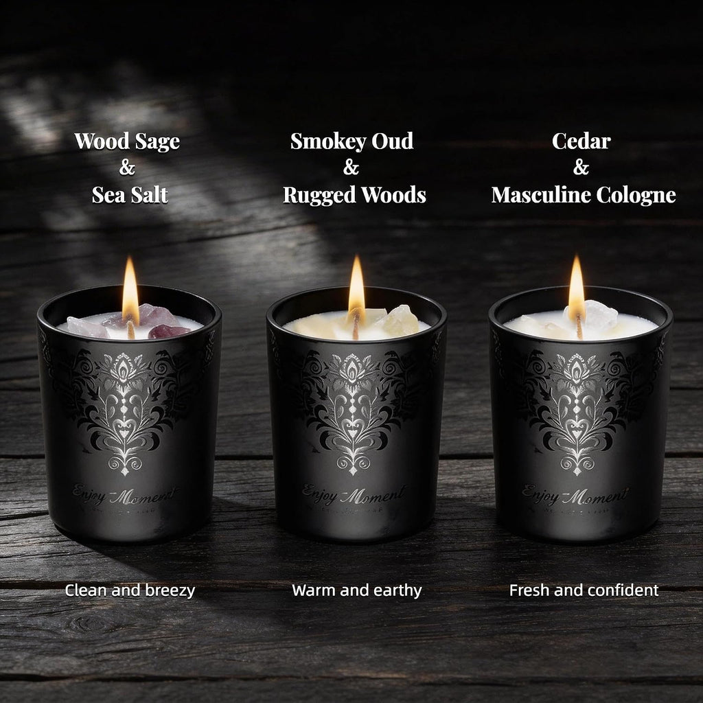 Luxury Candle Gift Set for Men, 3x7 oz, Trimmer & Snuffer Lid | Soy candles: Scented Wood Sage & Sea Salt, Smoky Oud
