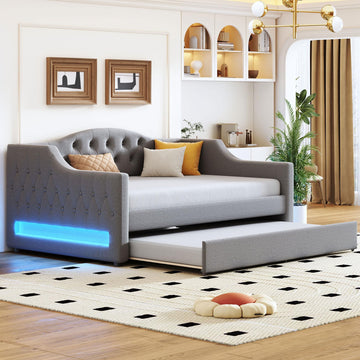 Full XL Upholstered Daybed with LED Lights, Corner Daybed Frame with Trundle, Linen, Gray
