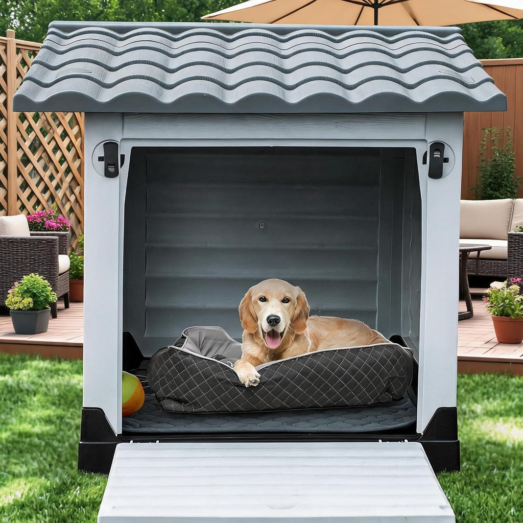 2-Door Large Dog House for Indoor and Outdoor Dog House with Fold-Out Porch Elevated Base, Waterproof Pet House