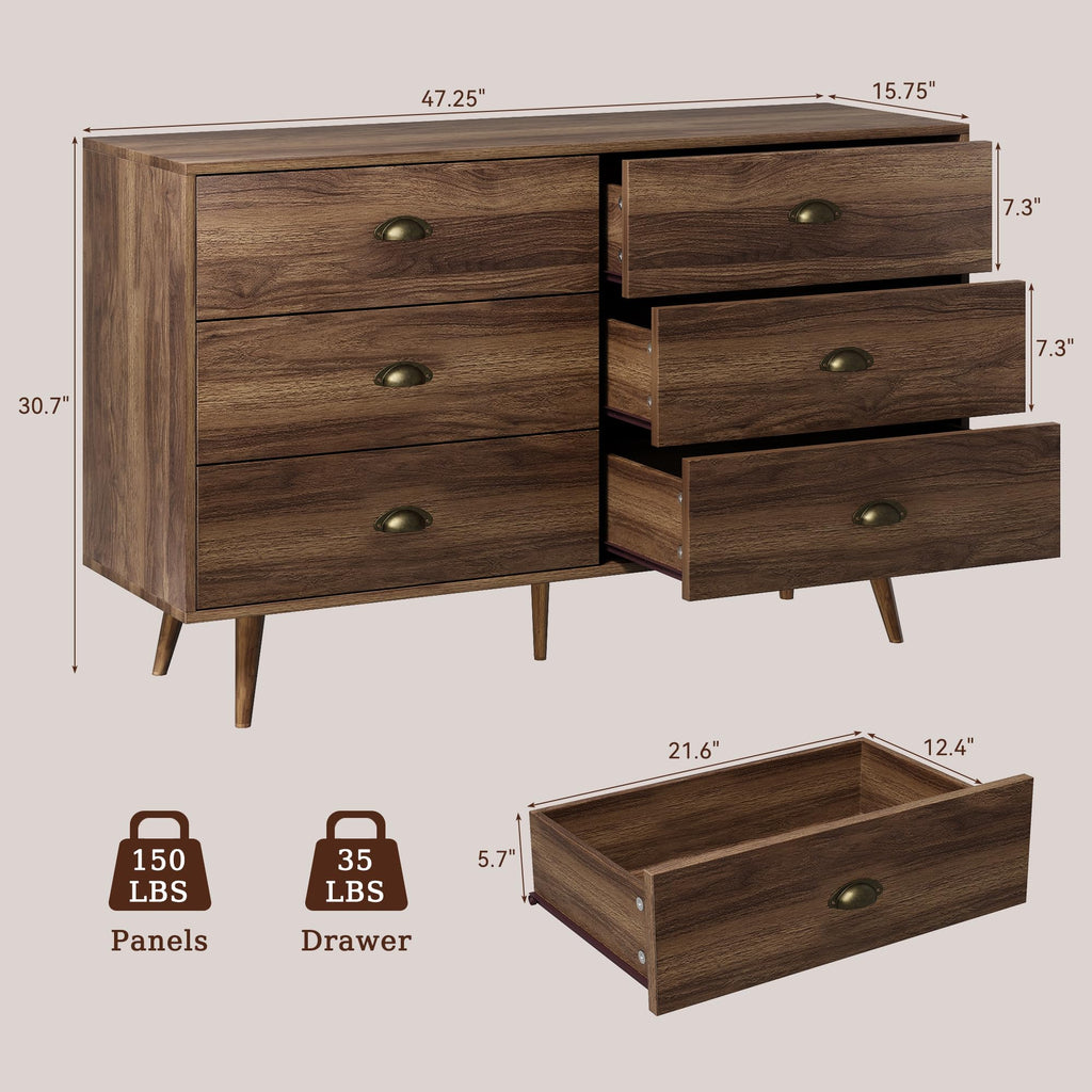 47" Vintage with 6 Drawers and Metal Handles, Walnut