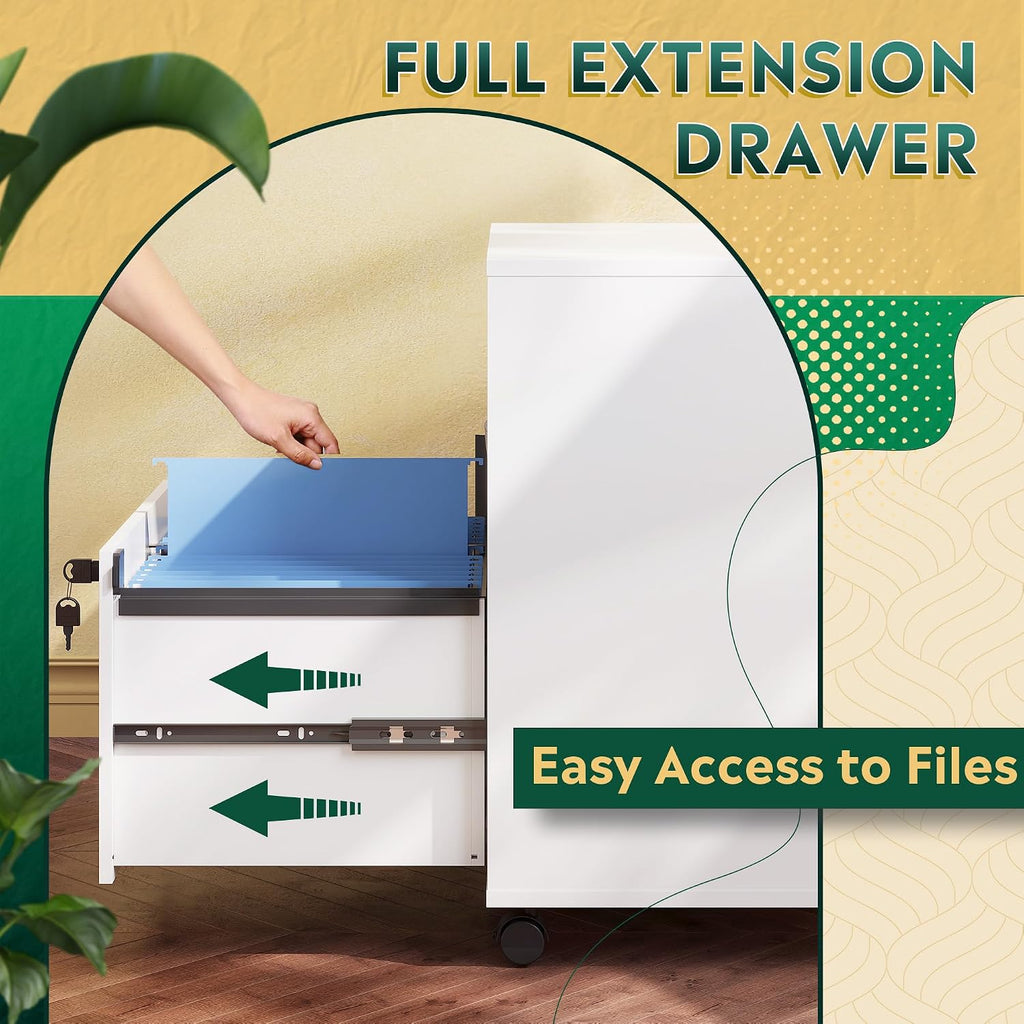 Office File Cabinet with Lock, 1-Drawer Wood Lateral Filing Cabinet on Wheels, Printer Stand with Open Storage