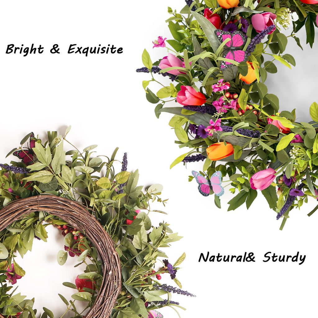 24" Wreaths for Front Door, Wreath with Tulip Wreath, Butterfly, Lavender and Eucalyptus, Vivid Artificial Floral for